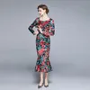 Runway Party Women Slim Square Collar Long Sleeve Stretch Sheath Summer Floral Print Ruched Draped Bodycon Mermaid Dresses 210514