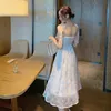 Estilo Coreano Elegante Strap Dress Mulheres Sem Mangas Desenho Floral Dress Fadas Vestido De Feira De Noite Vestido Para Fêmeas Verão Chique 210521