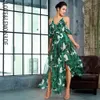 LOVE&LEMONADE V-neck Cut Out Green Leaf Print Fit Chiffon Jumpsuit LM81410 210326