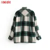 Tangada Vinter Kvinnor Grön Plaid Long Coat Jacket Casual High Quality Warm Overcoat Fashion Long Coats 3H04 211104