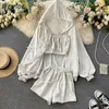 Neploe 3 Piece Set Women Sexy Strapless + Double Pockets Drawstring Wide-leg Short + Solid Color All-match Hooded Jacket Suit Y0625