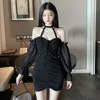 Primavera sexy senza spalline Halter Neck Slim Fold Mini abito in pizzo a rete da donna Corea manica corta a sbuffo abiti in tinta unita YQB8 210603