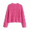 Hollow Out Pink Elegancki sweter Kobiety Moda Lato Floral Vintage Topy Kobiet 2021 Chic Casual Swetaers Lady Y1110