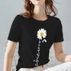 Kvinnor T-shirt Vintage Kvinnor Daisy Flower Pattern Print Serie Sommar Svart All-Match O Neck Kortärmad Tees Casual Topps XXS-3XL