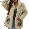 Леопардовые печатные карманы из искусственного меха женские куртки осень зима утолщение теплые варианты на молнии с длинным рукавом повседневная женская пальто 210604