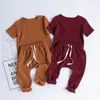 Fashion Baby Clothing Set 4 Solid Color Linen Cotton Circle Neck Short Sleeve Shirt Harem Pants 2 Piece Boy Kids Clothes 26mx L2