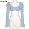 Zenaide Sexig Backless Långärmad Grödor Topp 2021 Sommar Fashion Square Collar Toppar Shirts Casual Blue Women T Shirt Y2K Y0621