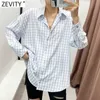 Zevity Femmes Mode Plaid Imprimer Casual Lâche Chemises Bureau Dame À Manches Longues D'affaires Blouse Chic Femme Blusas Tops LS9167 210603