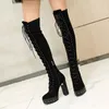 Kış Diz Çizmeleri Üzerinde Kadın Doğal Hakiki Deri Platformu Blok Topuk Uzun Zip Süper Yüksek Ayakkabı Bayanlar 210517