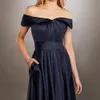 Dark Navy Bridesmaid Dress Satin Strapless Zipper Back Floor Length Wedding Party Gowns with Side Pockets