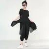 [EAM] 봄 가을 둥근 목 짧은 소매 티셔츠 블랙 느슨한 넓은 다리 바지 두 조각 정장 여성 패션 JY3390 21512