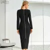 Winter Black Long Sleeve Bodycon Bandage Dress Sexy Strapless Wine Red Midi Celebrity Evening Runway Party 210423