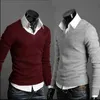 Varsanol bomull tröja män långärmad pullovers outwear man v-hals tröja toppar lös solid passande stickning kläder 7colors 210813