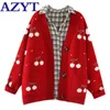 AZYT Fruit Cherry Broderi Stickad Cardigan Höst V Nacke Oversize Woman Sweater Cardigan Jacka Vinter Varm Knitwear 210928