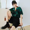 Tie Dye Green Patchwork Red Short Sleeve Shirt Summer Loose Baggy Button Up Women Shirts Blouses Fashion 210427