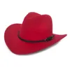 Geniş Bırit Batı Kovboy Kowgirl Şapka Erkek Kadın Yün Keçe Fedora Şapkaları Deri Kemer Band Panama Cap5691083