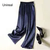Unireal Summer Women Wide Leg Pants High Waist Casual Trousers Streetwear Black Silk Satin Elegant Long Palazzo 211124
