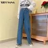 Vrouwen brede been jeans broek lente herfst effen hoge taille losse vintage straght demin lange broek vrouwelijke plus size 4XL 210423