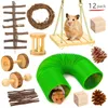 Forniture per piccoli animali E8BD 12 pezzi Giocattoli da gioco Tunnel per criceti Nascondiglio Topi Furetti Masticazione in legno Molare Esercizio Campana Rullo Giocattolo per la cura dei denti