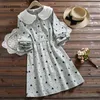 Mori Ragazza Autunno Abiti da donna Cuore stampato Colletto Peter Pan Abiti Elegante Velluto a coste vintage Stile Preppy Abito Kawaii 210520