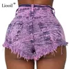 Liooil Sexy buraco sarja de denim shorts com tassel mulheres altas cintura botão zíper bolsos feminino outono lavado jeans magro 210323