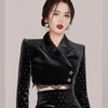Moda Dwuczęściowy Zestaw Dot Velvet Z Długim Rękawem Czarna Kurtka + Wysoka talia Koronkowa Spódnica Patchwork Suit 210520