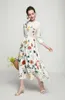 Women's Runway Dresses O Neck 3/4 Sleeves Floral Printed Single Breasted Fashion Mid Autumn Dress with Belt