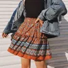 Letni styl Casual Kobiety Plaża Boho Mini Krótka Spódnica Kobieta Kwiatowy Drukowane Retro Moda Drukuj Spódnica Dla Kobiet Spódnice 210514