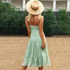 Sexy beach long dress women summer ruched maxi es green boho pleated casual backless vestidos 210427
