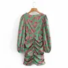 Vintage mujer verde delgado flor v cuello mini vestido primavera moda damas plisado es femenino elegante estampado corto 210515