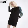 [EAM] Women Black Three-dimensional Patch Split Dress Round Neck Long Sleeve Loose Fit Fashion Spring Autumn JH332 210512