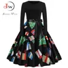 Winter Christmas Dresses Women 50S 60S Vintage Robe Swing Pinup Elegant Party Dress Long Sleeve Casual Plus Size Print Black 210915