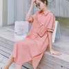 夏のカジュアルなオレンジ色のピンクのエレガントな気質優しい純粋な色のラペル半袖シャツのドレス女性16F1297 210510