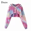 Streetwear Hoodies Colorés Femmes Chauve-Souris À Manches Longues Lâche Sweat À Capuche Cordon Irrégulier Court Dame 210515