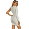 Summer Arrival Women Sexy Bandage Dress One Shoulder Long Sleeve Tight White Dress Celebrity Runway Mini Party Dress 210625