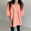 Plus Size Basic Korean Women Long T Koszula Topy Lato Krótki Rękaw V-Neck Rozdziela Tees Swetry Casual Fashion Loose T-shirt 210513