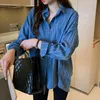 Spring Autumn Women Double Pocket Loose Striped Denim Shirt Back Single-breasted Casual Blouse Plus Size Blusas Mujer S298 210512