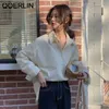 Estilo coreano ol sólido blusa branco solto lapela camisa de comprimento médio de manga longa tops mulheres jaqueta rosa 210601
