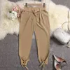 Women Summer Harem Pants with Waist Belt Bowtie Solid Trousers Ladies Casual Fashion Middle Girls Street Clothing 211124