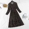 Spring Autumn Long Sleeve Dress Women Casual Print Chiffon Dresses Vintage Elastic High Waist Lotus Leaf Long Dress Vestidos 210521