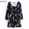 Vintage Floral Print Dress Women Sexy Backless Square Neck Long Sleeve A-line Slim Short Dress Elegant Female Summer Robe 210515