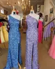 One-Shoulder Sparkle Sequins Prom Dresses 2022 Sheath Criss-Cross Straps Back Split Long Lilac Blue Hot-Pink Purple Gold Green Pageant Gowns Formal Event Party Wear