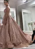 Party Dresses Designer Rose Gold Sparkly Sexy African Prom Pärlade kristaller Backless Sequined Floor Length Dress Evening Wear Form