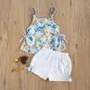 1-5Y Summer Flower Toddler Kid Child Girls Clothes Set Beach Holiday Travel Costumes Floral Vest Bow Byxor Outfits 210515