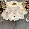 Kvinna Toppar Koreansk Drawstring Slim Short Blouse Broderi Peter Pan Collar Puff Sleeve Shirt Camisas Mujer 6h894 210603