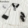 Korobov Summer Dresses Contrast Color Turn Down Collar Short Sleeve Dress Women New Preppy Style Bow Knot Design Vestidos 210430