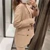 Vintage Women Chic Blazer Office Ladies Pocket Jackor Eleganta Kvinna Kausal Slim Suits Solid Khaki Girls Set 210427