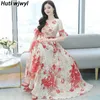 2021 elegante Frauen Plus Größe Boho Strand Maxi DrParty Kurzarm Runway Vestido Sommer Vintage Floral Chiffon Midi Sommerkleid X0621