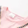 Одежда для девочек Лето 2-10 лет Дети Хлопок Белый Розовый Сплошной Цвет V Кисточки Лоскутное Короткая Рукав О-Шея футболка 210529