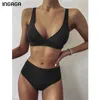 Ingaga Sexy Bikinis High Taille Maillots de bain Maillots de bain pour femmes Push Up Biquini Maillots de bain côtelés Noir V-Col Bikini Set 210702